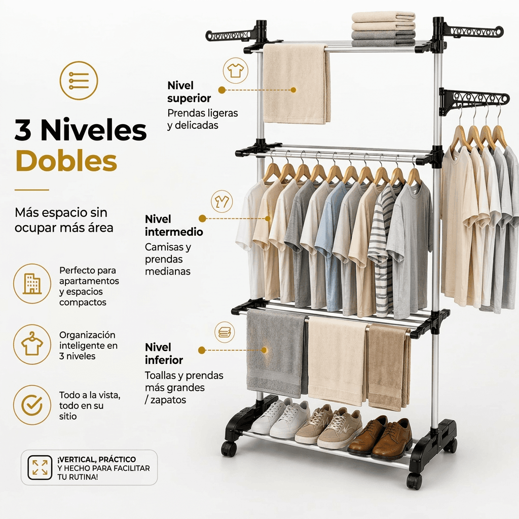 Camisas colgadas en perchas en las alas laterales de un tendedero vertical